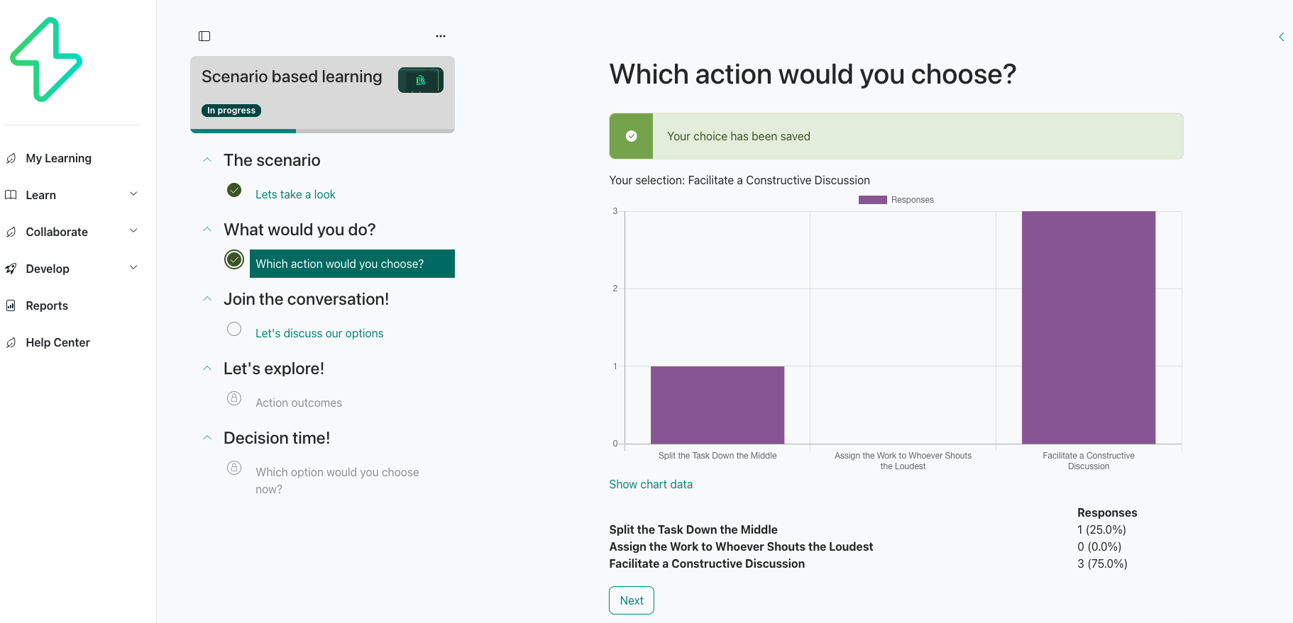 In einer szenariobasierten Aktivität wählen die Lernenden zwischen drei Aktionen. Die meisten wählen 'Eine konstruktive Diskussion führen' (75%), während 25% 'Die Aufgabe in der Mitte teilen' wählen.