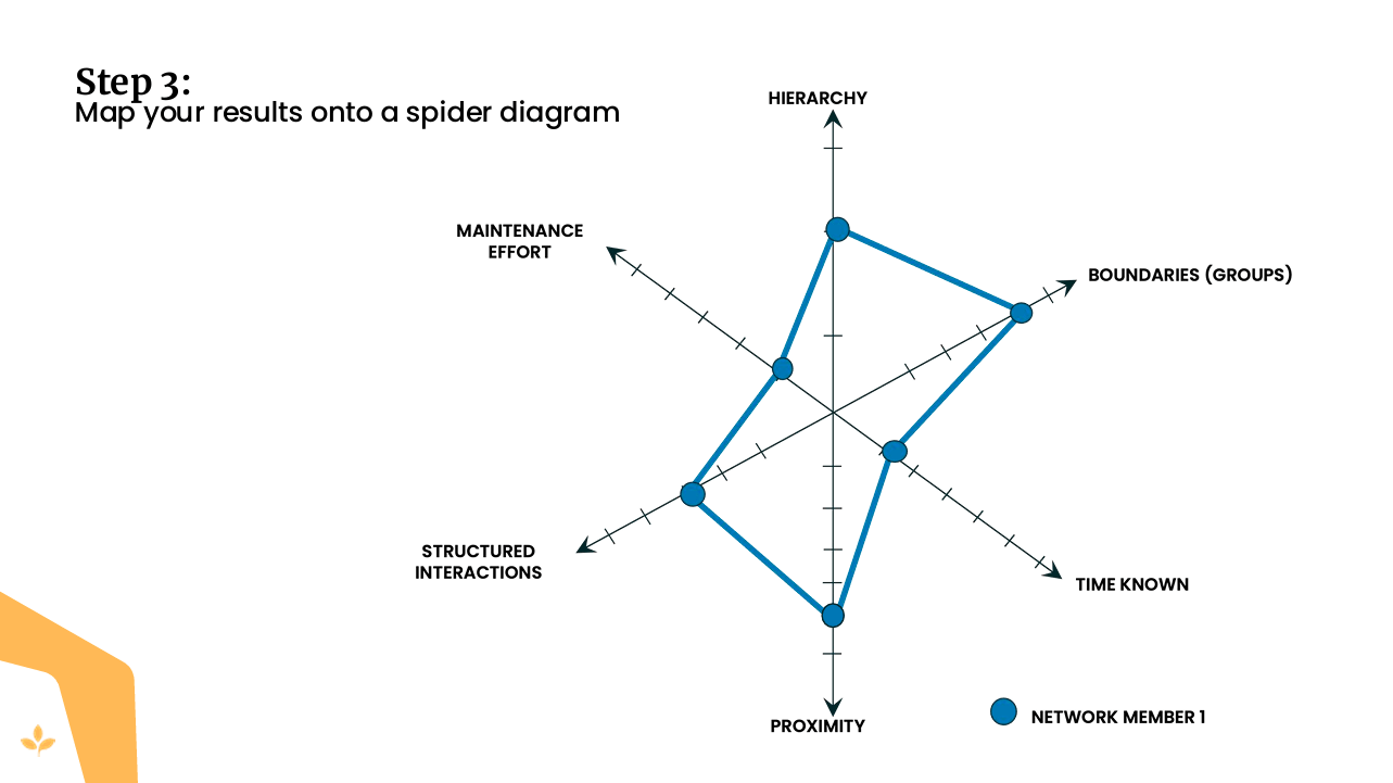 Beispiel für ein Spinnennetzdiagramm, das die Vielfalt und Stärke von Lernnetzwerken über mehrere Attribute hinweg vergleicht.