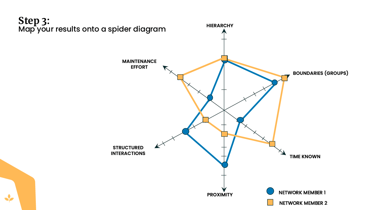 Beispiel für ein Spinnennetzdiagramm, das die Vielfalt und Stärke von Lernnetzwerken über mehrere Attribute hinweg vergleicht.